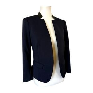 Rebecca Taylor Navy Blazer with Lamb Leather Collar & Peplum Hem – Stud Detail
